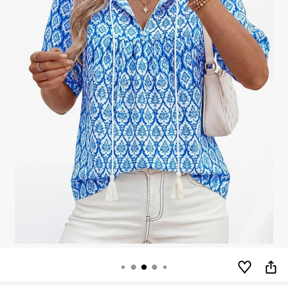 Blue Printed V-Neck Tassel Tie Blouse